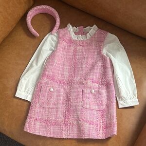 Janie and Jack Pink Tweed Pinafore Dress with Matching Pink Padded Headband